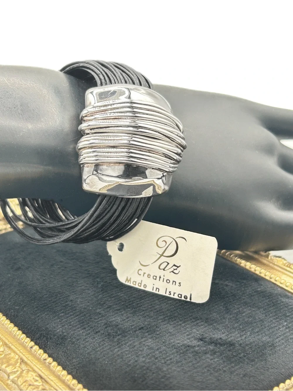 Paz Creations Black Multi-Strand Leather Bracelet with 925 Sterling Wrap Accent